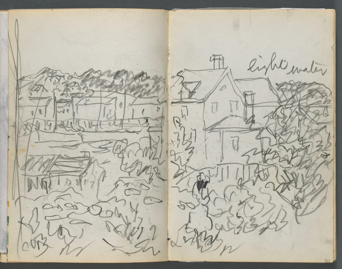 Sketchbook, The Dells, N° 127, page 120 & 121: Landscape with Houses by Maurice Prendergast, book, 1919-1921