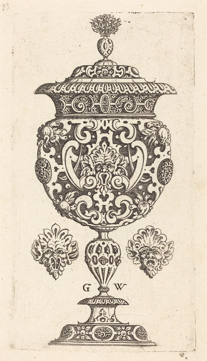 Goblet, rim decorated with masque with gaping mouth by Georg Wechter, print, 1579