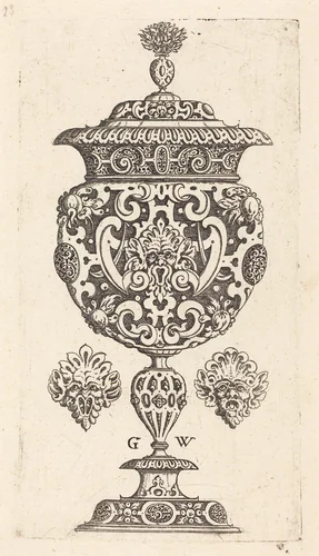 Goblet, rim decorated with masque with gaping mouth by Georg Wechter, print, 1579