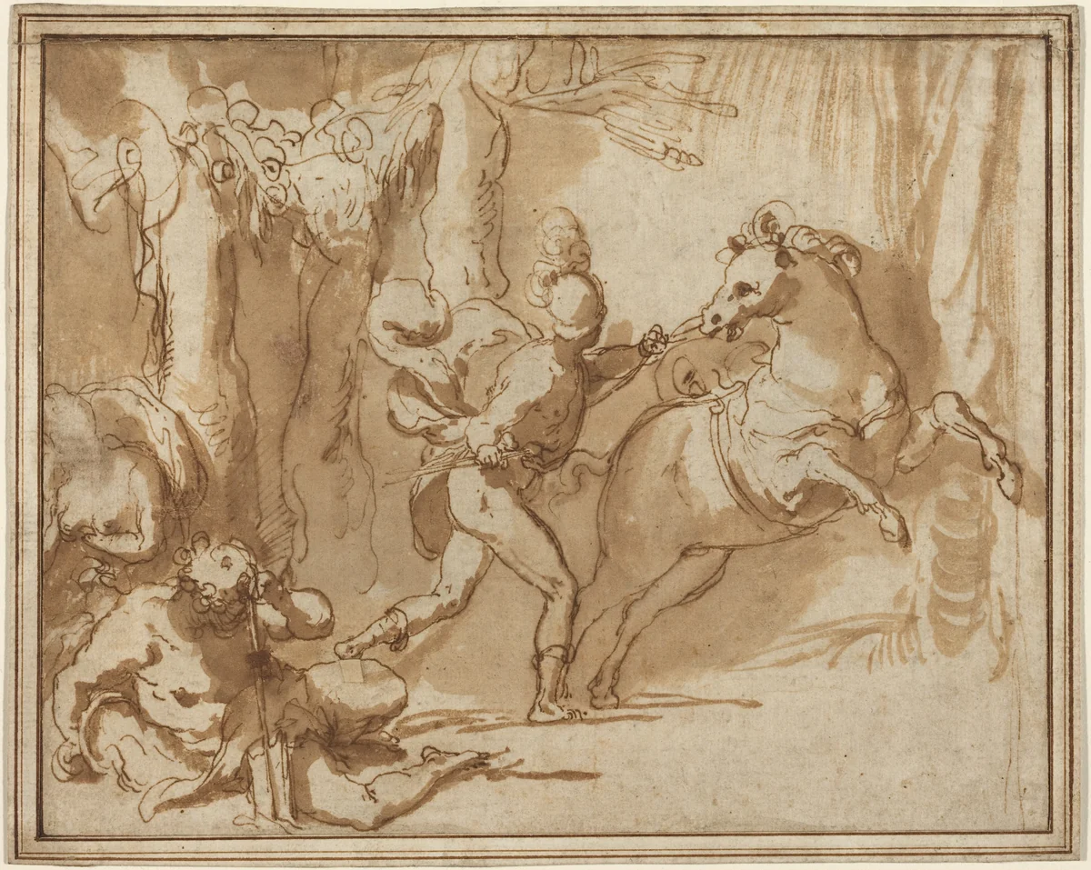 Alexander the Great and Bucephalus by Taddeo Zuccaro, drawing, 1553