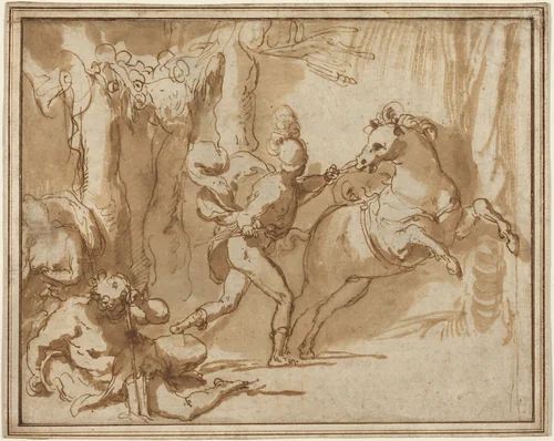 Alexander the Great and Bucephalus by Taddeo Zuccaro, drawing, 1553