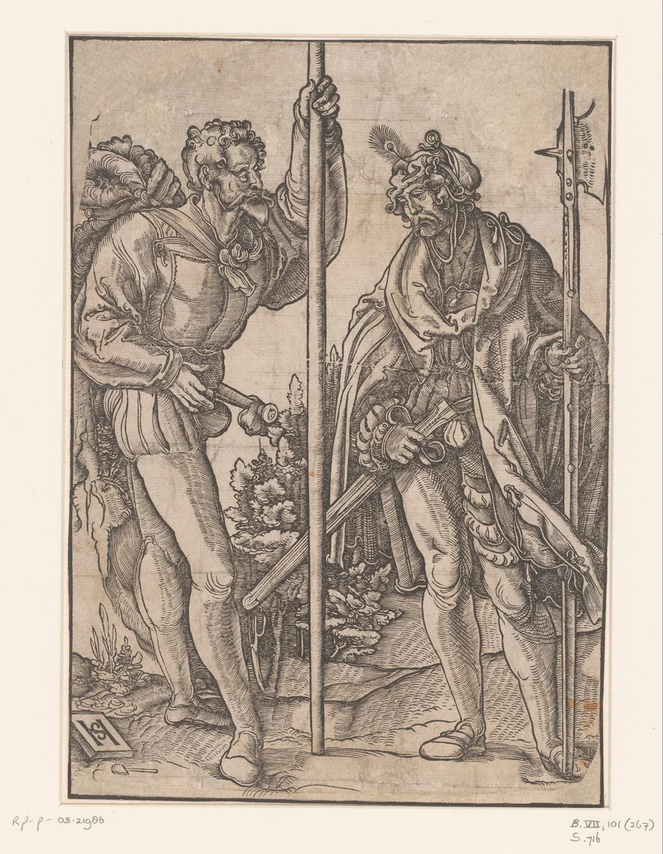 Twee landsknechten met een spies en een hellebaard by anonymous, print, 1510-1516