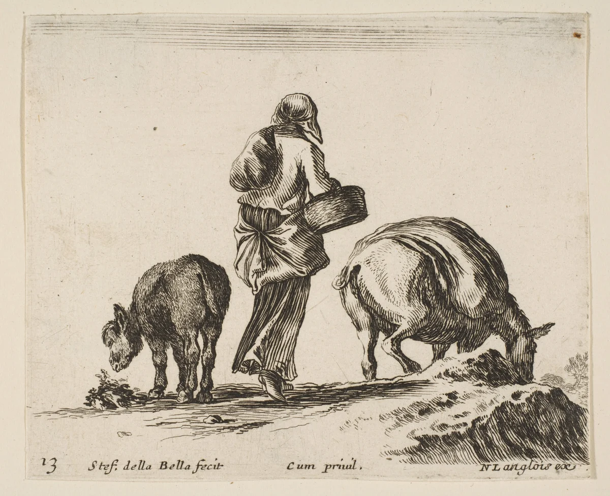 A peasant woman, seen from the back, holding a basket in center, a donkey to left and a horse with a pack on its back to right, plate 13 from "Diversi capricci" by Stefano della Bella, print, 1639-1649
