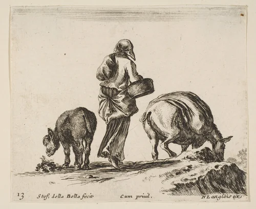 A peasant woman, seen from the back, holding a basket in center, a donkey to left and a horse with a pack on its back to right, plate 13 from "Diversi capricci" by Stefano della Bella, print, 1639-1649