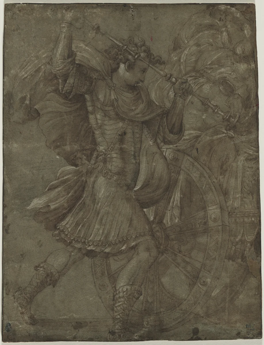 Man in Armor beside a Chariot by Francesco Salviati, drawing, 1545-1555