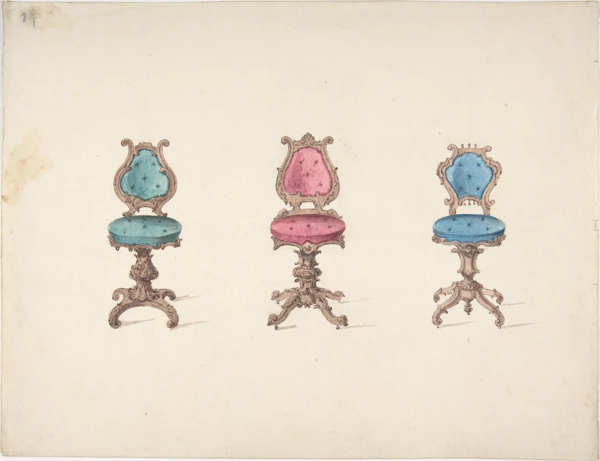 Design for Three Swivel Chairs with Green, Red and Blue Upholstery by anonymous, drawing, 1800-1850
