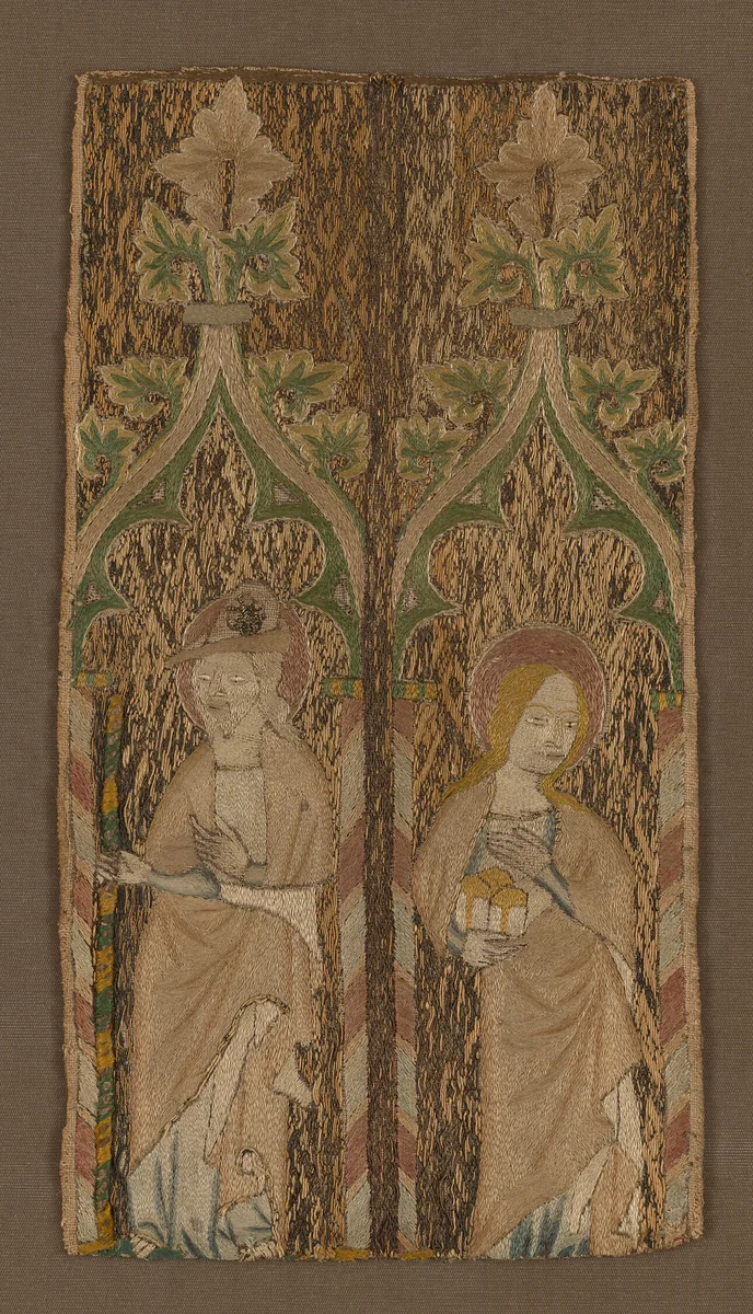 Fragment from an Orphrey Band Showing St. Barbara and St. James by England, textile, 1350-1400