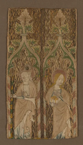 Fragment from an Orphrey Band Showing St. Barbara and St. James by England, textile, 1350-1400