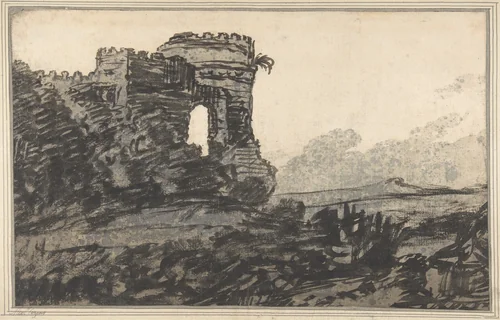 Ruined Castle and Trees by Alexander Cozens, drawing, 1760-1764