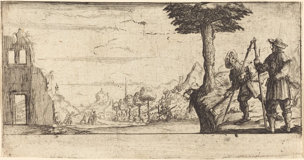 Landscape with Two Pilgrims by Jacques Callot, print, 1600-1699