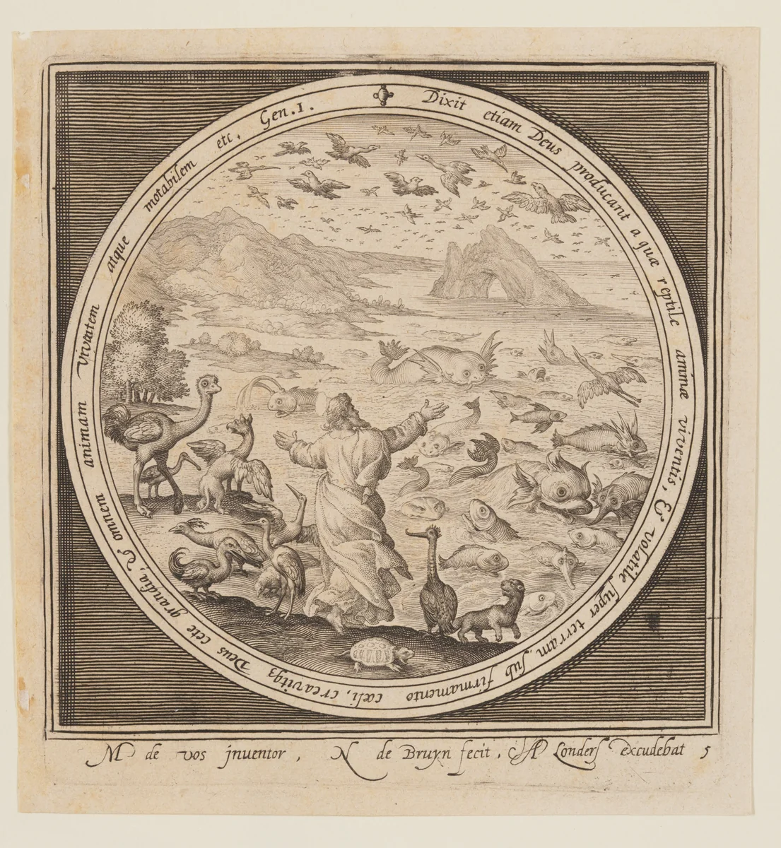 Fifth Day: The Creation of Birds and Fish, from The Creation to the Expulsion from Paradise by Nicolaes de Bruyn, print, 1605-1615