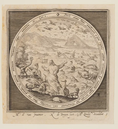 Fifth Day: The Creation of Birds and Fish, from The Creation to the Expulsion from Paradise by Nicolaes de Bruyn, print, 1605-1615
