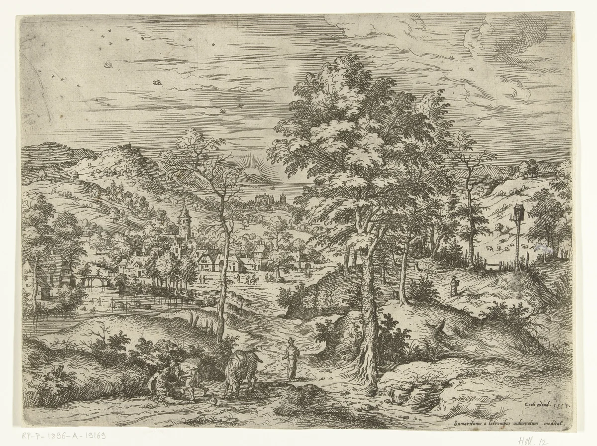 Barmhartige Samaritaan by Hieronymus Cock, print, 1558