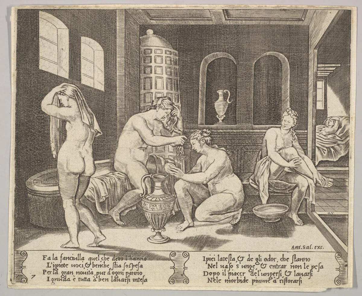 Plate 7: Psyche attended in her bath by nymphs, in the background right Psyche represented again laying in bed, from "The Fable of Cupid and Psyche" by Agostino Veneziano, print, 1515-1525