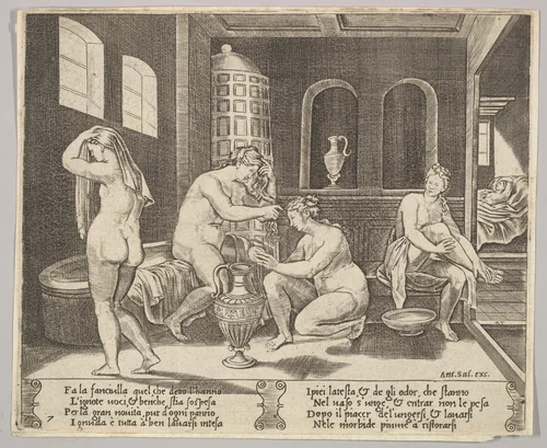 Plate 7: Psyche attended in her bath by nymphs, in the background right Psyche represented again laying in bed, from "The Fable of Cupid and Psyche" by Agostino Veneziano, print, 1515-1525