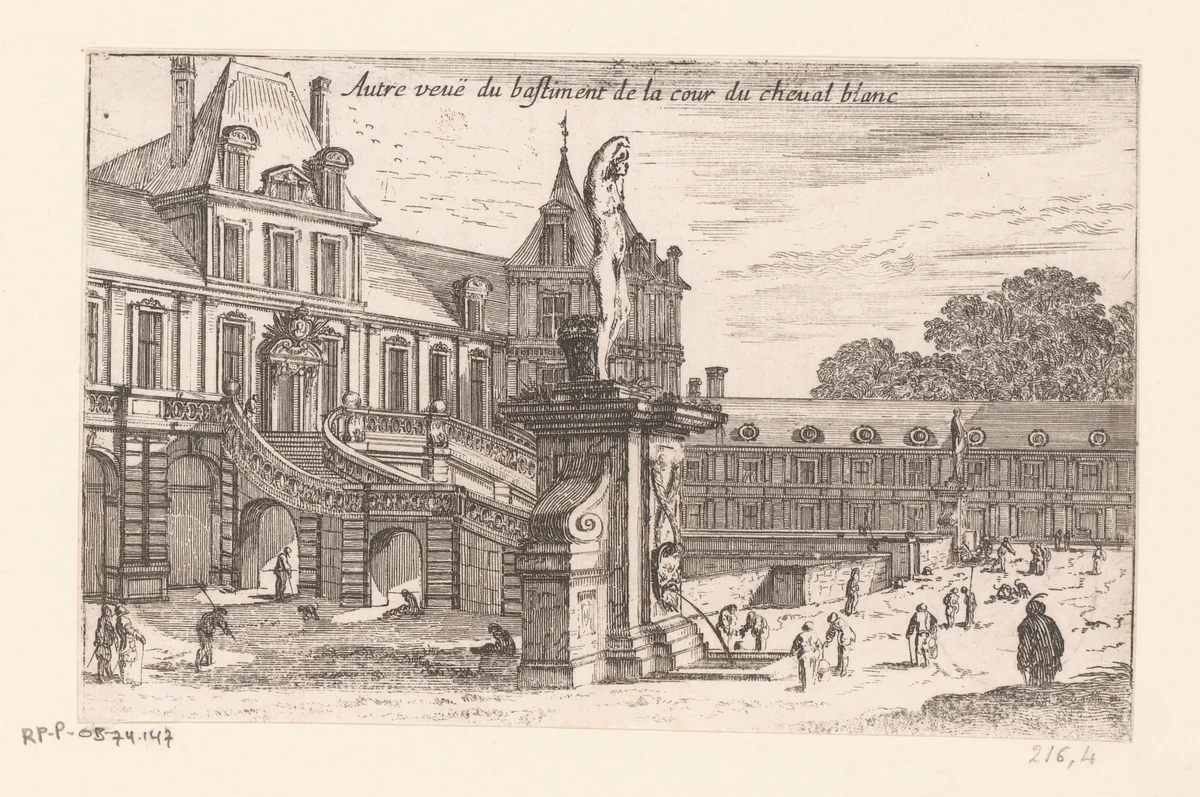 Gezicht op het Hof van het Witte Paard en gevel van kasteel Fontainebleau by Israël Silvestre, print, 1631-1691