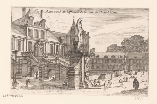 Gezicht op het Hof van het Witte Paard en gevel van kasteel Fontainebleau by Israël Silvestre, print, 1631-1691