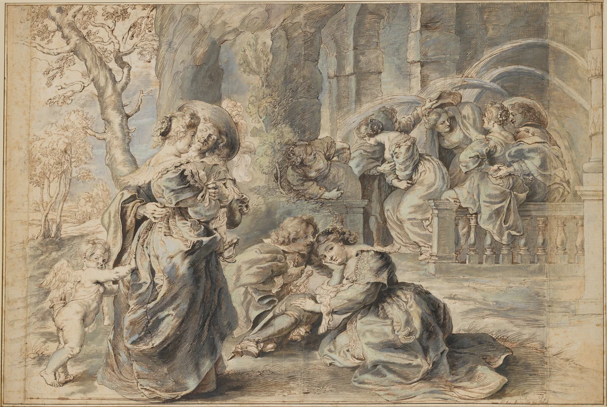 The Garden of Love (left portion) by Peter Paul Rubens, drawing, 1633-1635