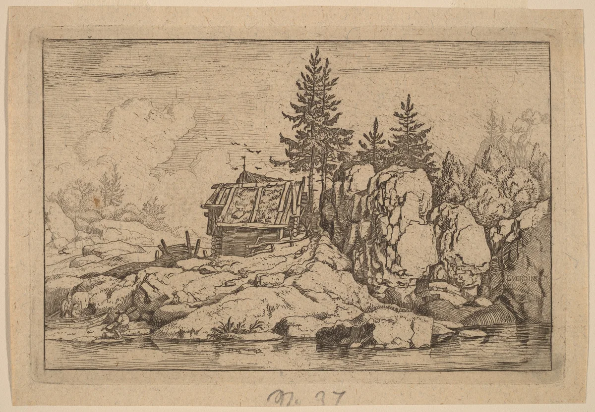 Two Fir Trees near Cottages by Allart van Everdingen, print, 1645-1656
