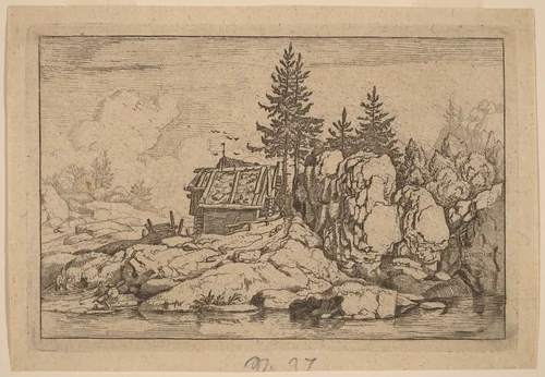Two Fir Trees near Cottages by Allart van Everdingen, print, 1645-1656