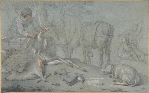 Hunters with Dead Game in a Landscape by Giovanni Agostino Cassana, drawing, 1600-1800