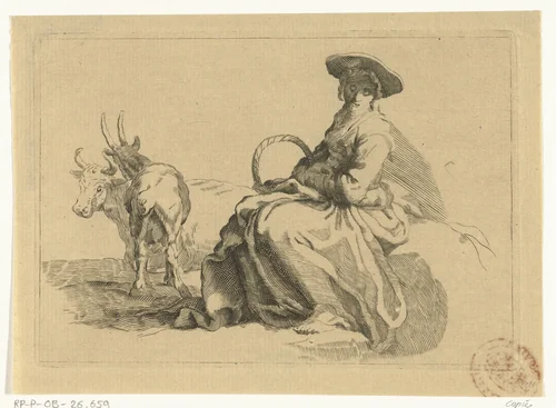 Zittende herderin met mand by anonymous, print, 1650-1750