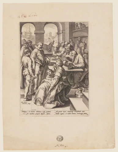The Prodigal Son Receiving his Inheritance, from The History of the Prodigal Son by Jacob Matham, print, 1592