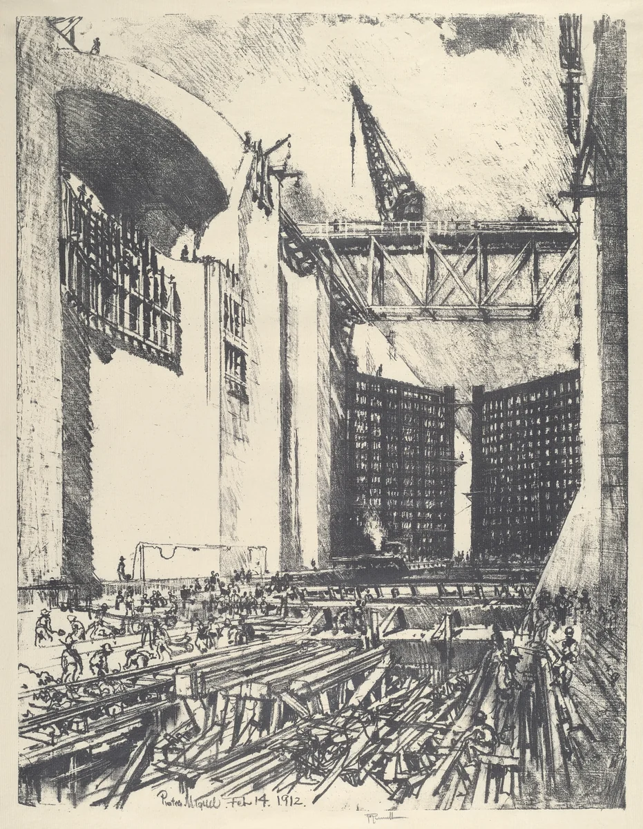 Laying the Floor of Pedro Muguel Lock by Joseph Pennell, print, 1912