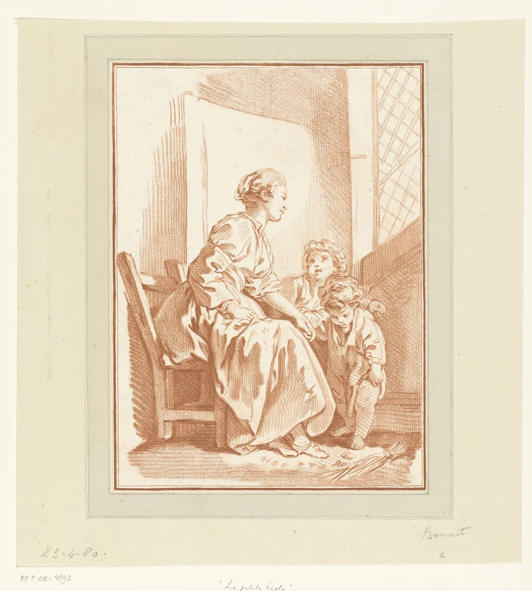 Vrouw met twee kinderen by Louis Marin Bonnet, print, 1757-1768