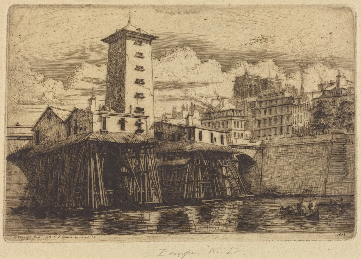 La Pompe Notre-Dame, Paris (The Notre-Dame Pump) by Charles Meryon, print, 1852