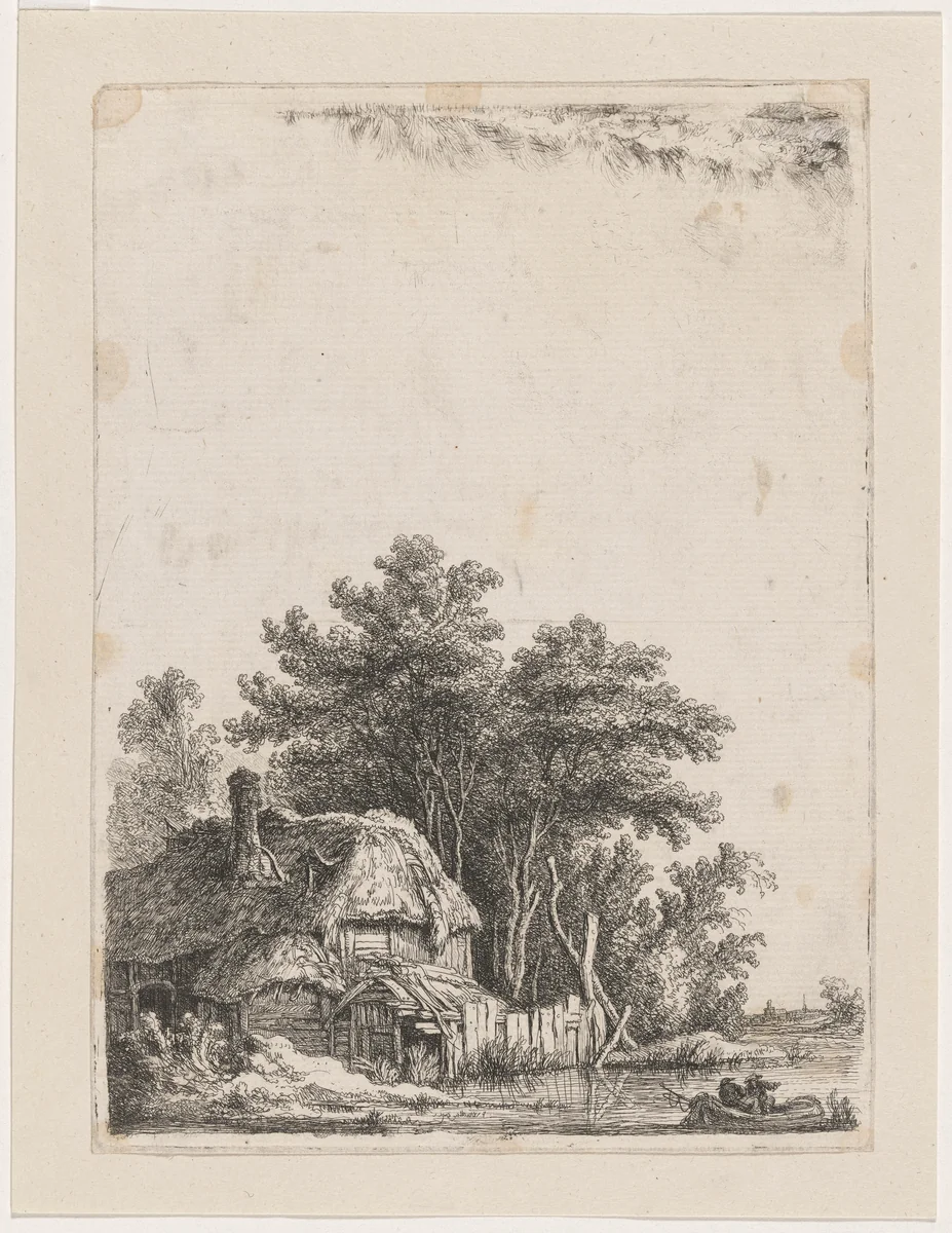 Landscape with Cottage on the Water / Two Men at the Ford by Franz Edmund Weirotter, print, 1760
