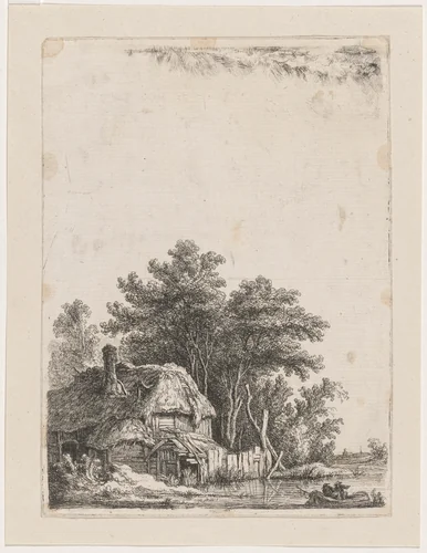 Landscape with Cottage on the Water / Two Men at the Ford by Franz Edmund Weirotter, print, 1760