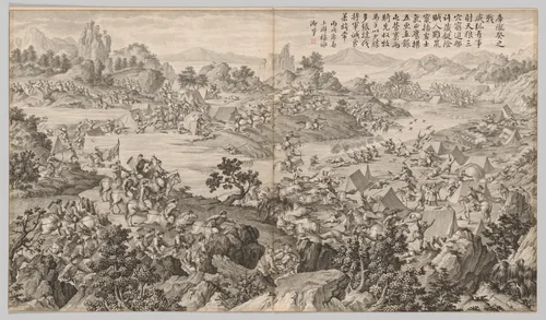 Battle of Kulongkui: from Battle Scenes of the Quelling of Rebellions in the Western Regions, with Imperial Poems by Jean Damascene Sallusti, print, 1765-1774