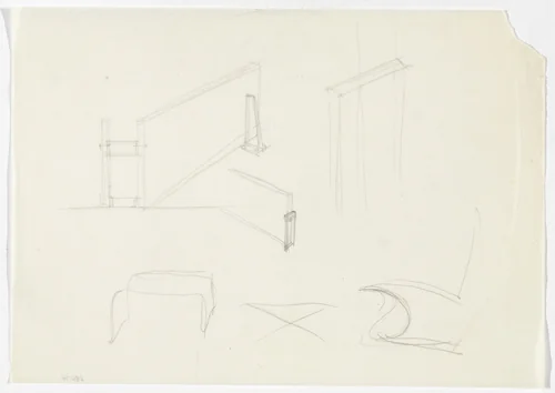 Lounge Chair without Arms. Table Frame. Joining System Details. (Elevation sketches, perspective sketches) by Ludwig Mies van der Rohe, mies van der rohe archive, 1926
