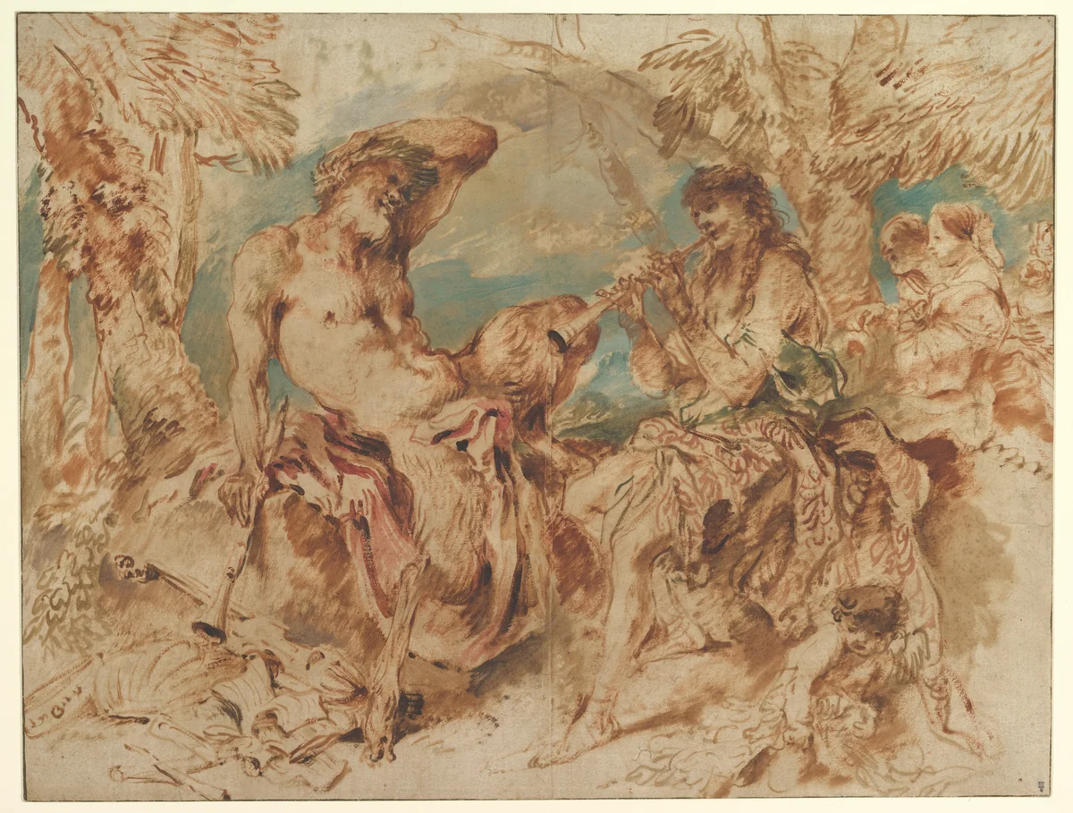 Youth Playing a Pipe for a Satyr by Giovanni Benedetto Castiglione, drawing, 1645-1650