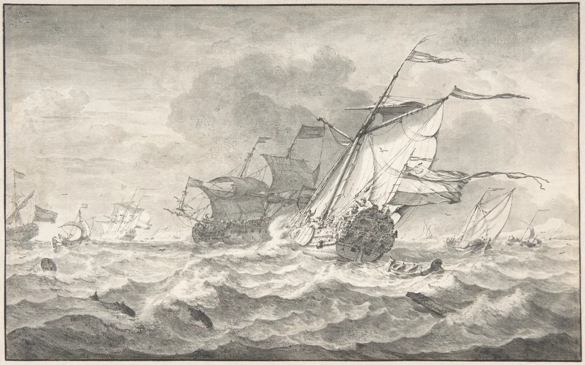 Merchant Ships and Smaller Sailing Boats in a Strong Breeze, Dolphins in the Waves by Hendrick Rietschoof, drawing, 1695-1705