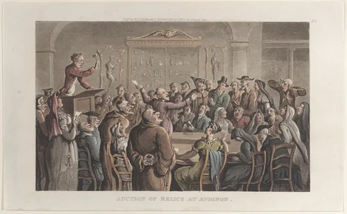 Auction of Relics at Avignon, from "Journal of Sentimental Travels in the Southern Provinces of France, Shortly Before the Revolution" by Thomas Rowlandson, print, 1821