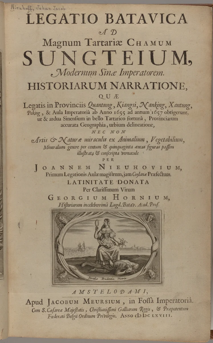 Legatio batavica ad magnum Tartariæ chamum Sungteium, modernum Sinæ imperatorem : historiarum narratione, quæ legatis in provinciis Quantung, Kiangsi, Nanking, Xantung, Peking, & aula imperatoriâ ab anno 1665 ad annum 1657 obtigerunt, ut & ardua Sinensium in bello tartarico fortunâ, provinciarum accurata geographia, urbium delineatione, nec non artis & naturæ miraculis ex animalium, vegetabilium, mineralium genere per centum & quinquaginta æneas figuras passim illustrata & conscripta vernacule by Johannes Nieuhof, artwork, 1668
