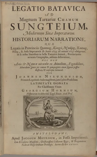 Legatio batavica ad magnum Tartariæ chamum Sungteium, modernum Sinæ imperatorem : historiarum narratione, quæ legatis in provinciis Quantung, Kiangsi, Nanking, Xantung, Peking, & aula imperatoriâ ab anno 1665 ad annum 1657 obtigerunt, ut & ardua Sinensium in bello tartarico fortunâ, provinciarum accurata geographia, urbium delineatione, nec non artis & naturæ miraculis ex animalium, vegetabilium, mineralium genere per centum & quinquaginta æneas figuras passim illustrata & conscripta vernacule by Johannes Nieuhof, artwork, 1668