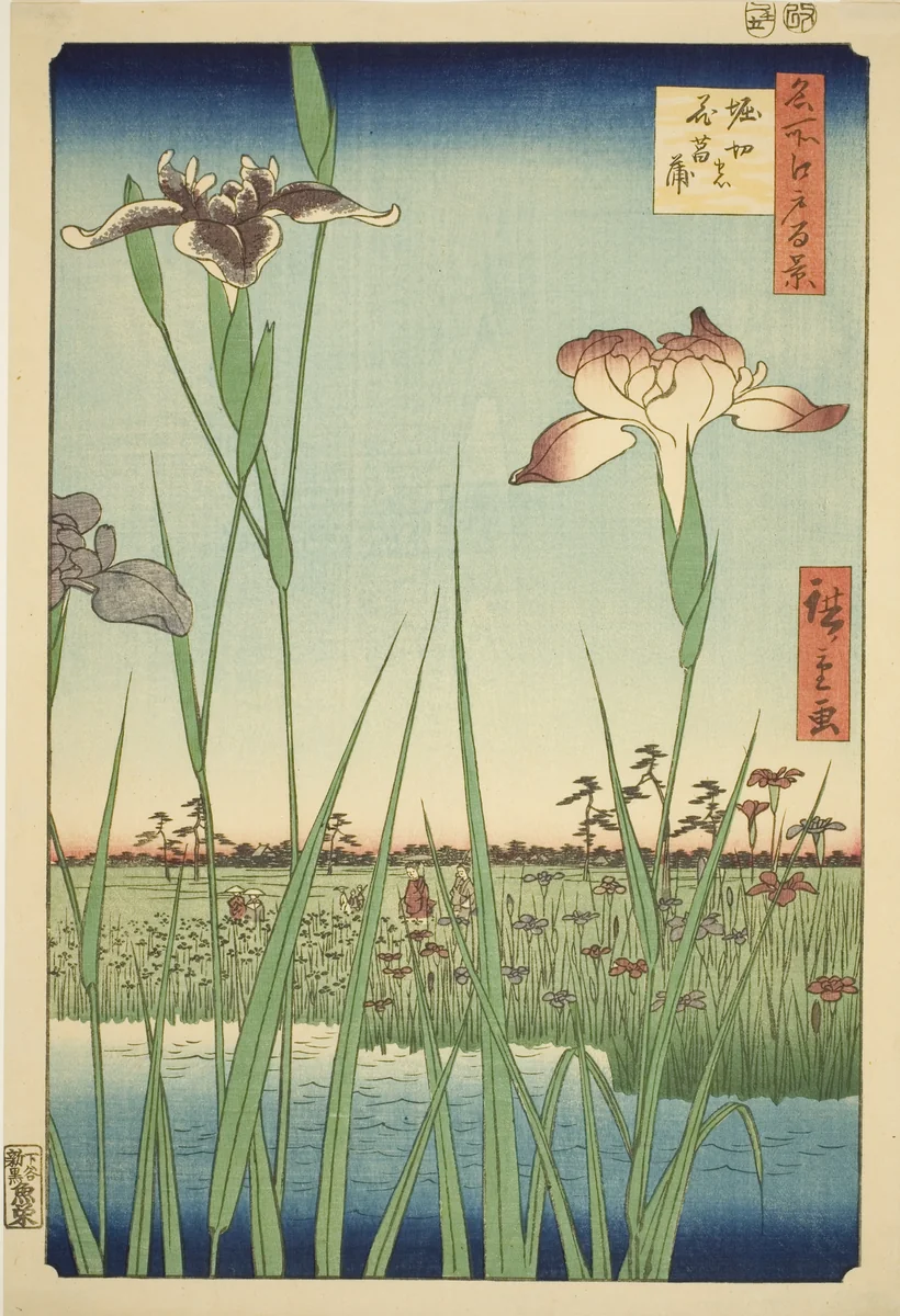 Irises at Horikiri (Horikiri no hanashobu), from the series "One Hundred Famous Views of Edo (Meisho Edo hyakkei)" by Utagawa Hiroshige (歌川広重), print, 1857