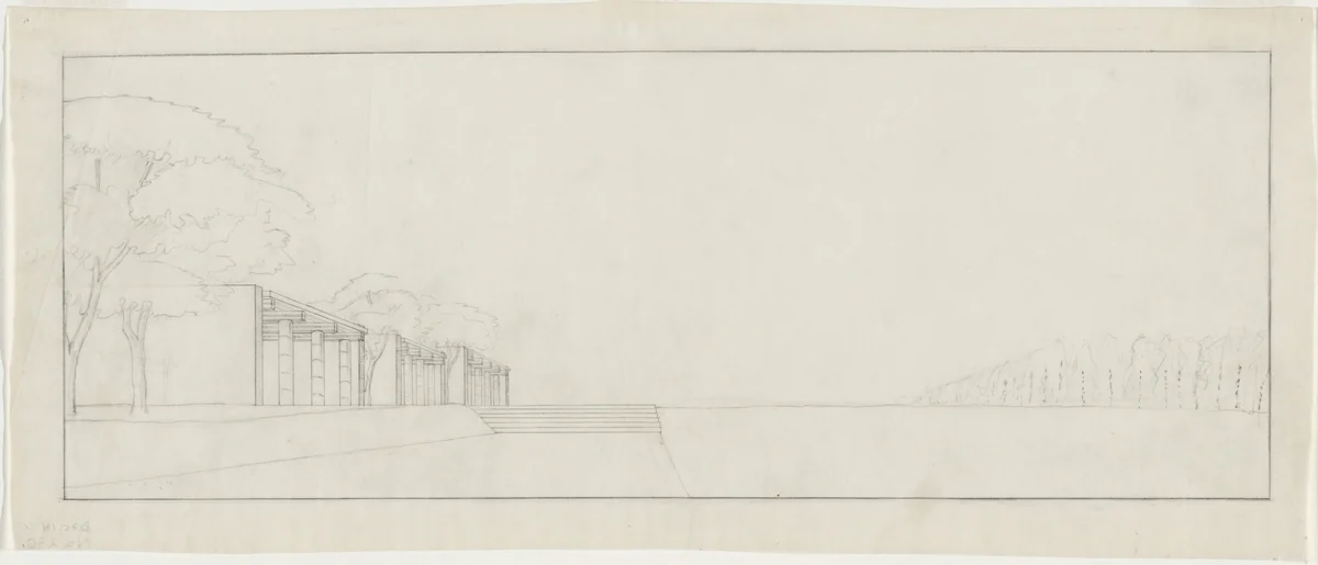 Woodland Crematorium, Woodland Cemetery, Stockholm, Sweden, First version: exterior perspective by Erik Gunnar Asplund, architecture