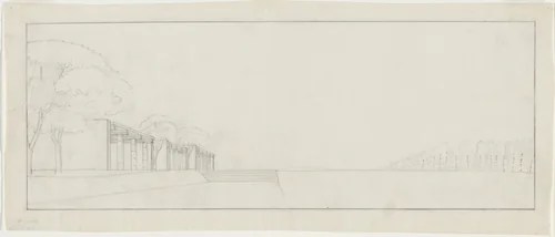 Woodland Crematorium, Woodland Cemetery, Stockholm, Sweden, First version: exterior perspective by Erik Gunnar Asplund, architecture