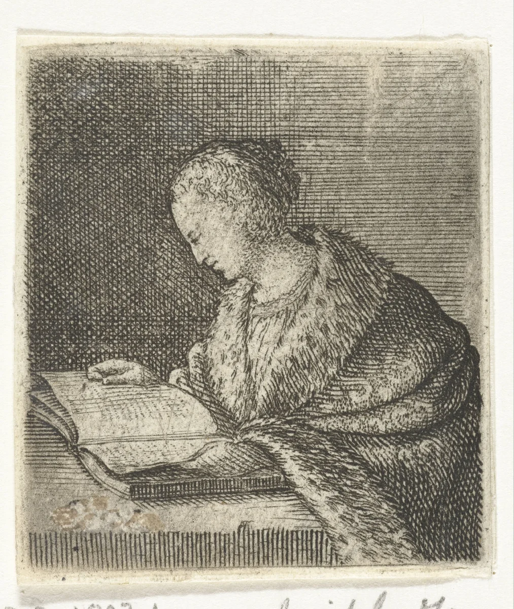 Lezende vrouw by Willem Basse, print, 1633-1672