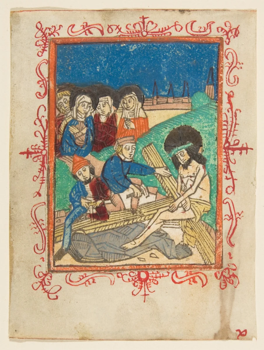 Preparation for the Crucifixion by anonymous, print, 1400-1499
