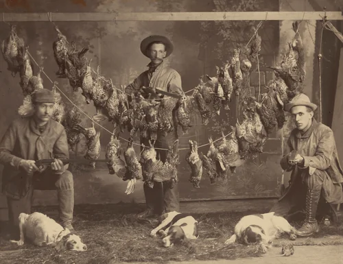 Portrait of Three Hunters, Dogs and Game by American 19th Century, photograph, 1865-1875