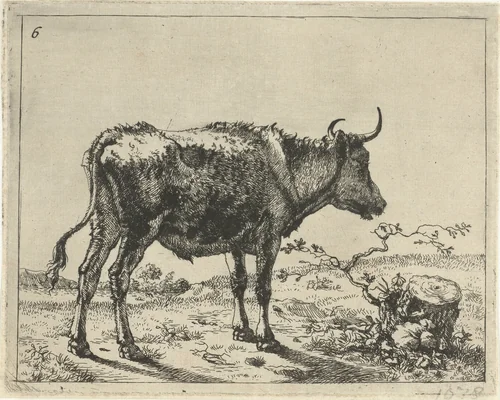 Stier staand bij boomstronk by Marcus de Bye, print, 1657-1677