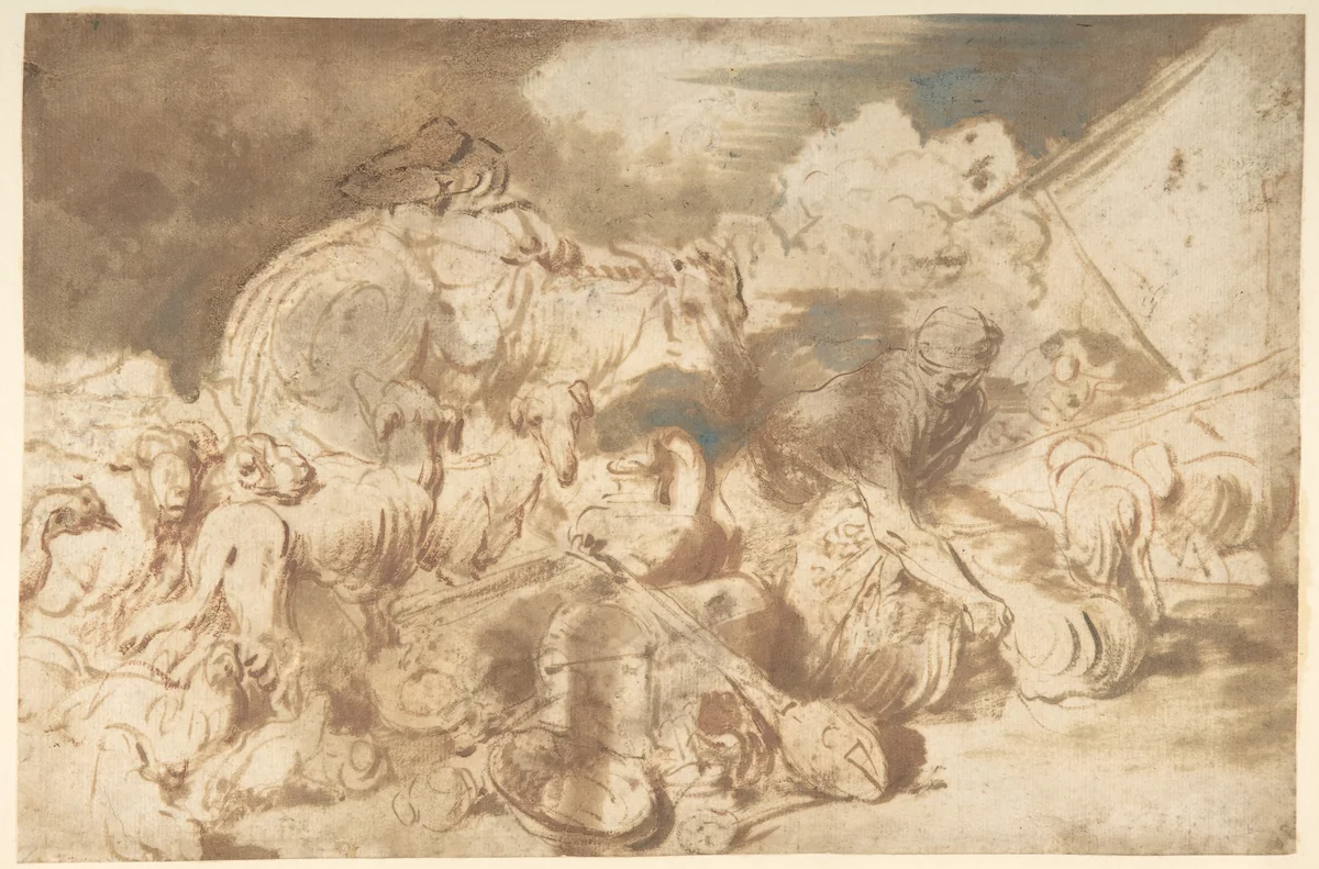 Animals and Figures before the Ark by Giovanni Benedetto Castiglione, drawing, 1660-1664