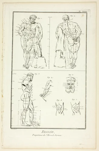 Design: Proportions of the Farnese Hercules, from Encyclopédie by Benoît-Louis Prévost, print, 1762-1777