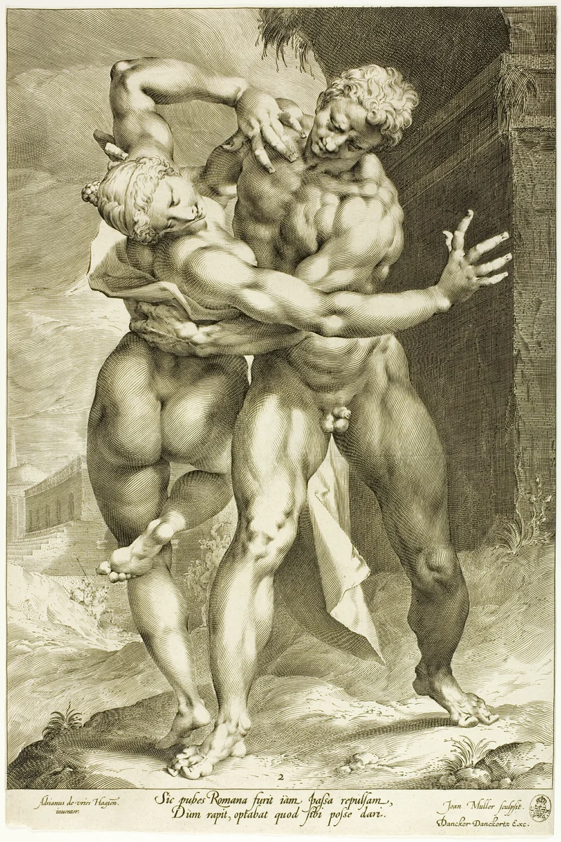 The Rape of a Sabine Woman, Frontal View by Jan Harmensz. Muller, print, 1593-1603