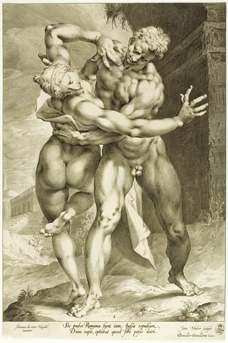 The Rape of a Sabine Woman, Frontal View by Jan Harmensz. Muller, print, 1593-1603